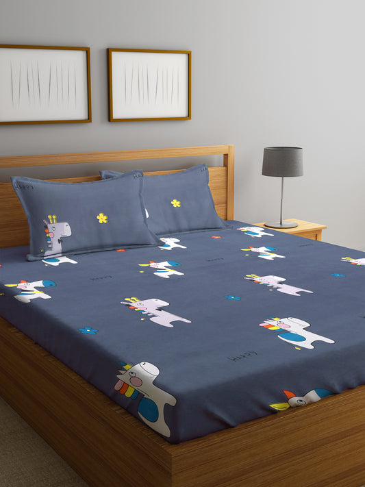 Klotthe MultiColor 300 TC Cartoon Characters Cotton Blend Double Bed Sheet with 2 Pillow Covers