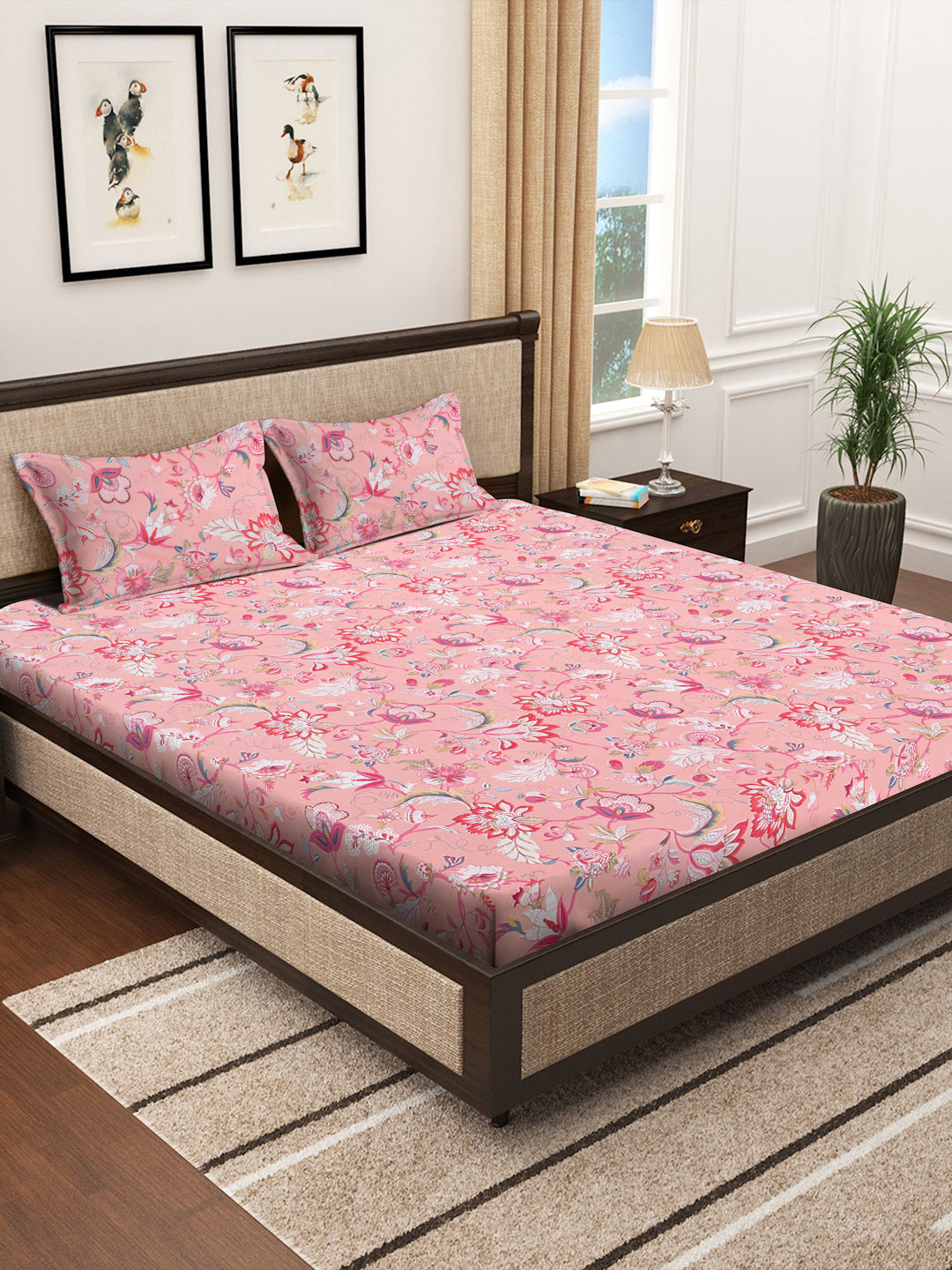 Klotthe Multicolor Floral 300 TC Cotton Blend Super King Double Bedsheet with 2 Pillow covers