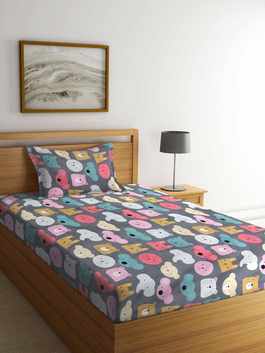 Klotthe Multicolor Cartoon Characters 300 TC Cotton Blend Single Bedsheet with Pillow Cover