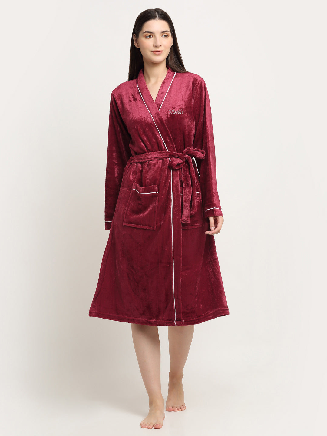 Klotthe Women Red Solid Wool Bath Robe With Belt