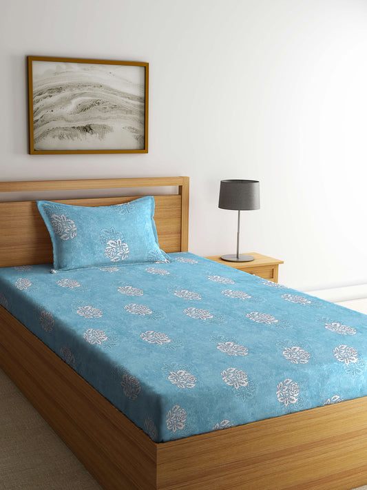 Klotthe Turquoise Floral 400 TC Pure Cotton Fitted Single Bedsheet with Pillow Cover