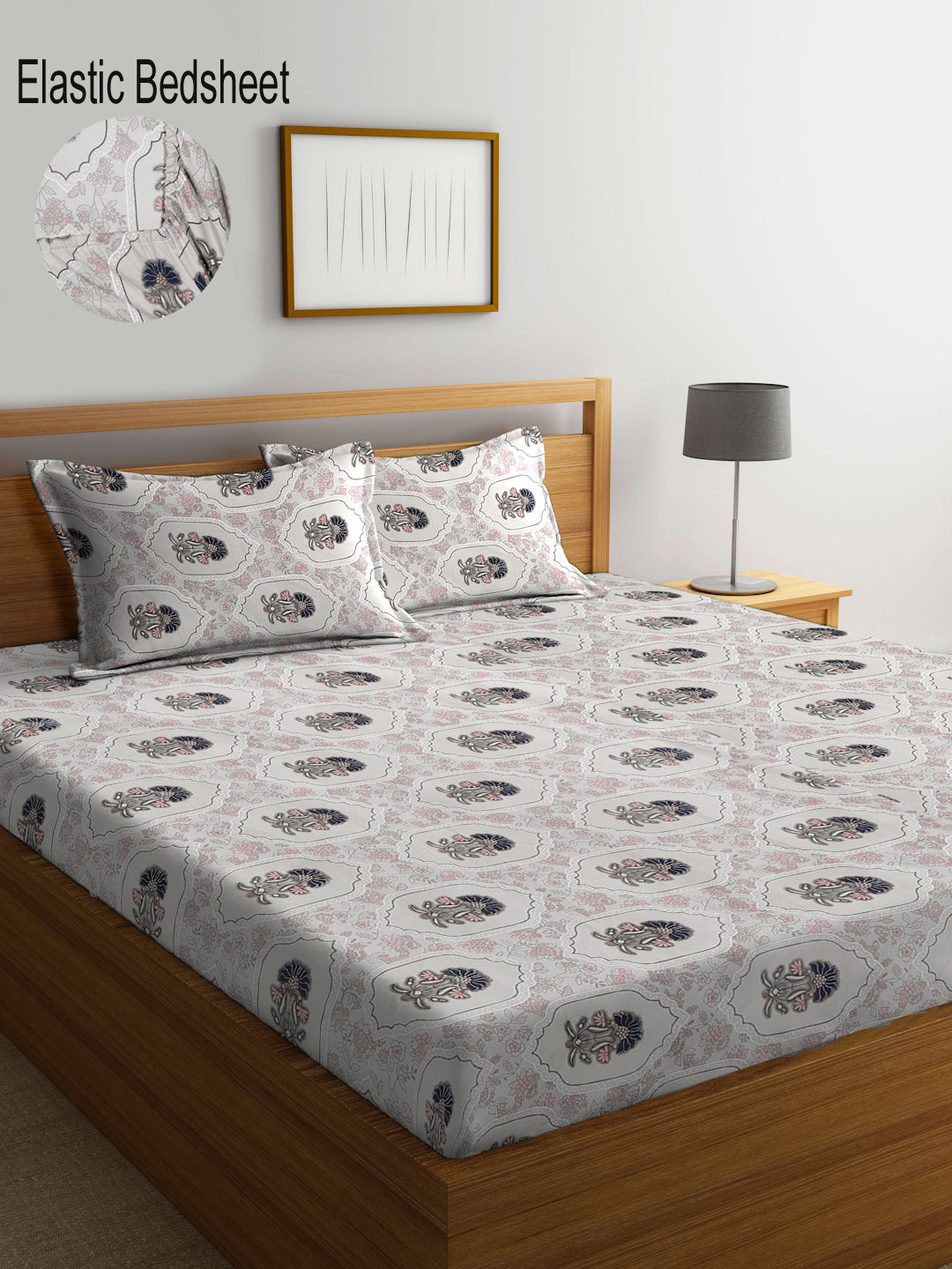 Klotthe Multi Floral 300 TC Cotton Blend Elasticated Super King Double Bedsheet with 2 Pillow Covers (270X270 cm)