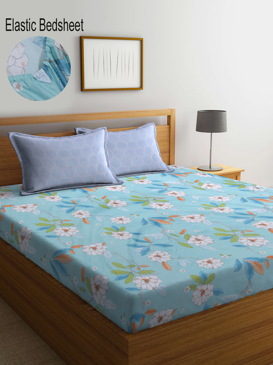 Klotthe Multicolor Floral 300 TC Cotton Blend Fitted Double Bedsheet with 2 Pillow Covers