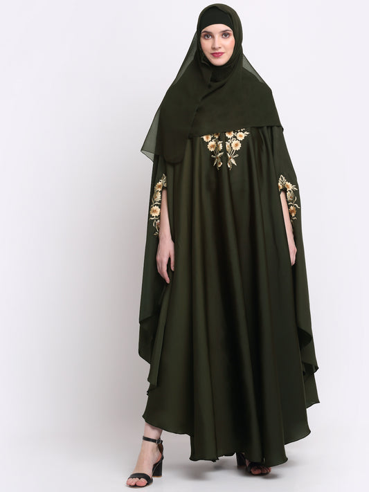 Klotthe Women Olive Embroidered Burqa With Scarves