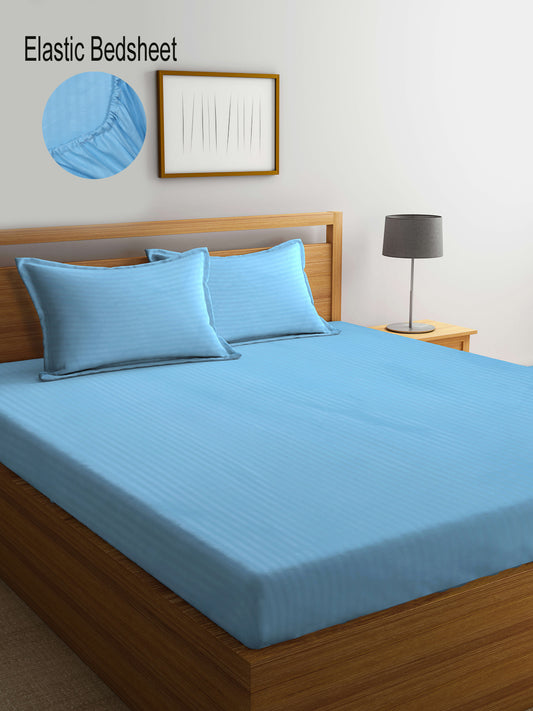 Klotthe Sky Blue Striped 300 TC Cotton Blend Elasticated Super King Double Bedsheet with 2 Pillow Covers (270X270 cm)