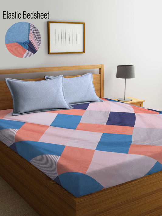 Klotthe Multicolor Geometric 300 TC Cotton Blend Fitted Double Bedsheet with 2 Pillow Covers