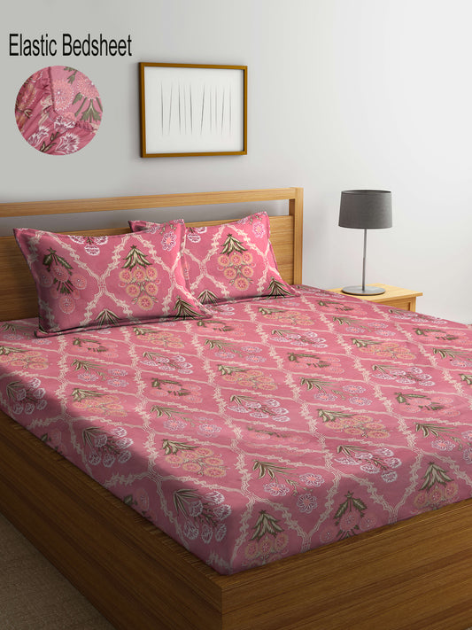 Klotthe Floral Peach 300 TC Cotton Blend Elasticated Double Bedsheet with 2 Pillow covers (270X270 cm)