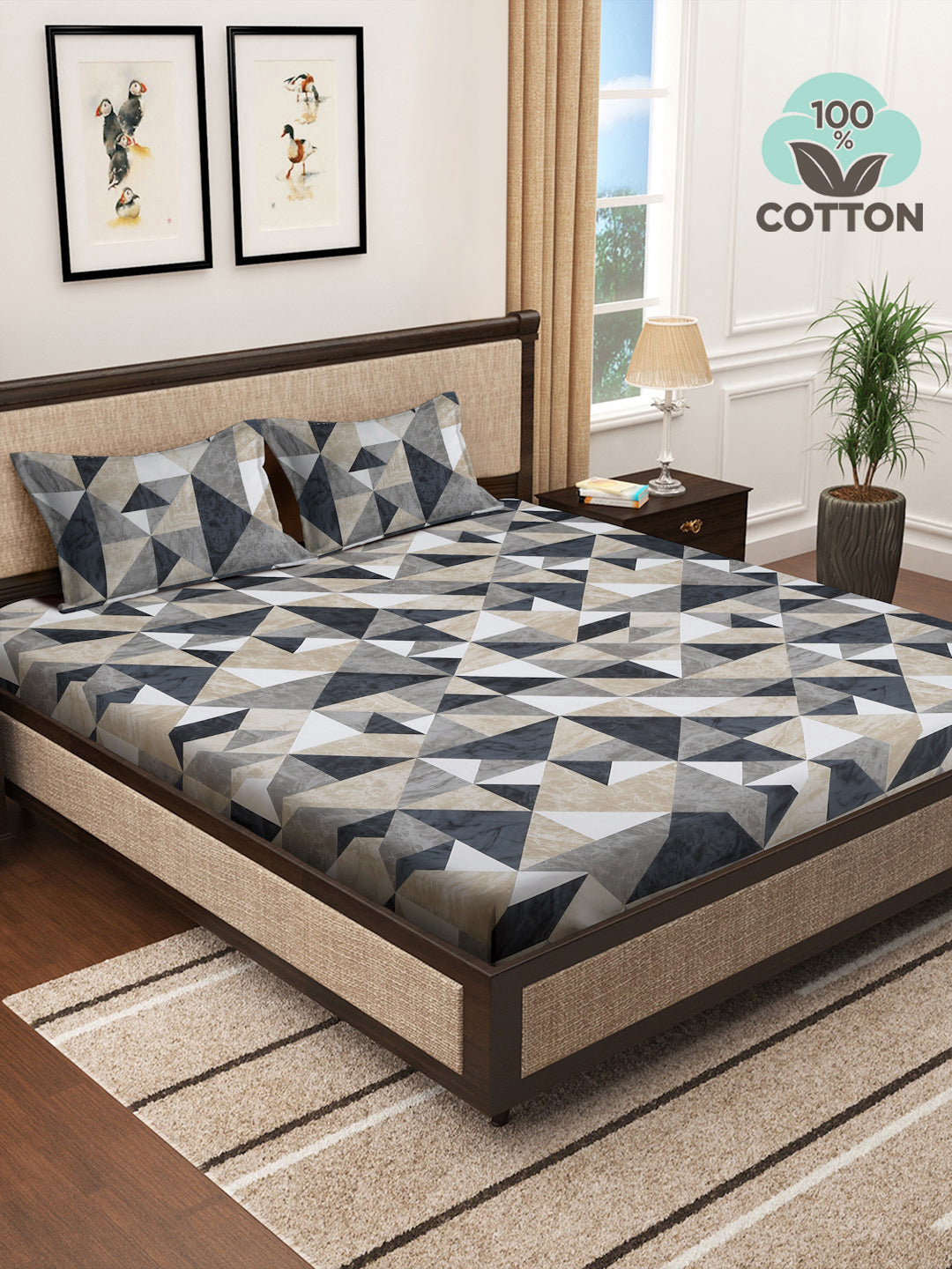 Klotthe Multicolor Geometric 400 TC Pure Cotton Super King Double Bedsheet with 2 Pillow covers