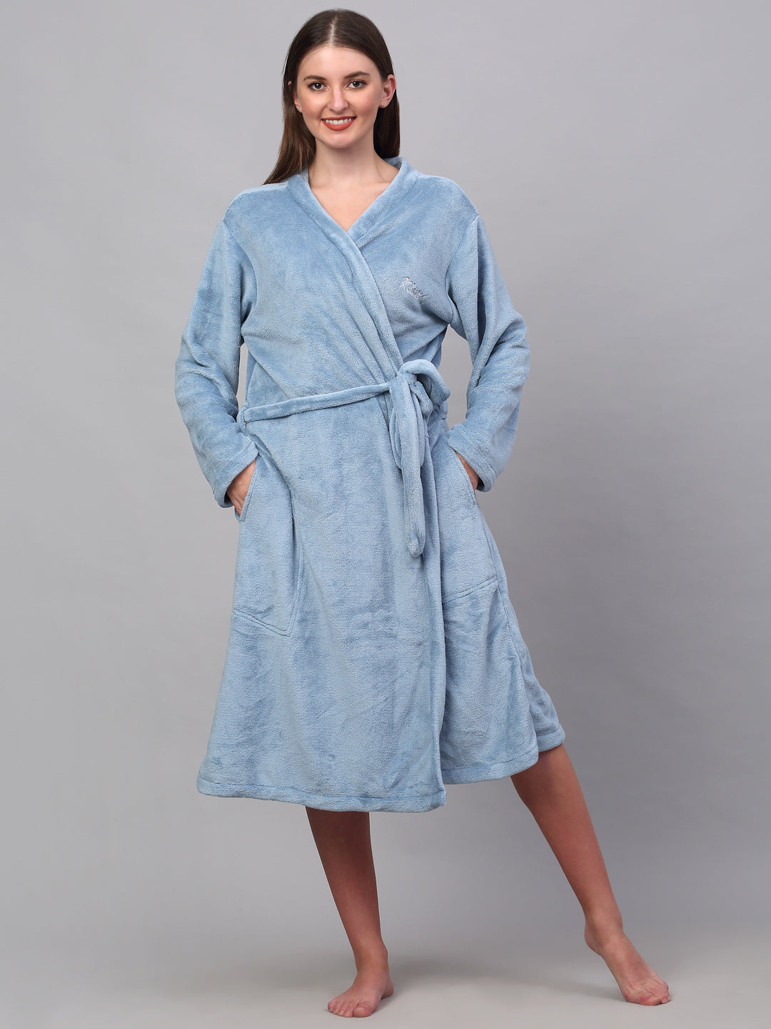 Klotthe Women Blue Solid Bath Robe With Belt