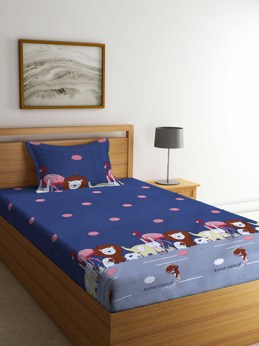 Klotthe Kids Multi Cartoon Characters 210 TC Cotton Blend Single Bed Sheet with Pillow Cover