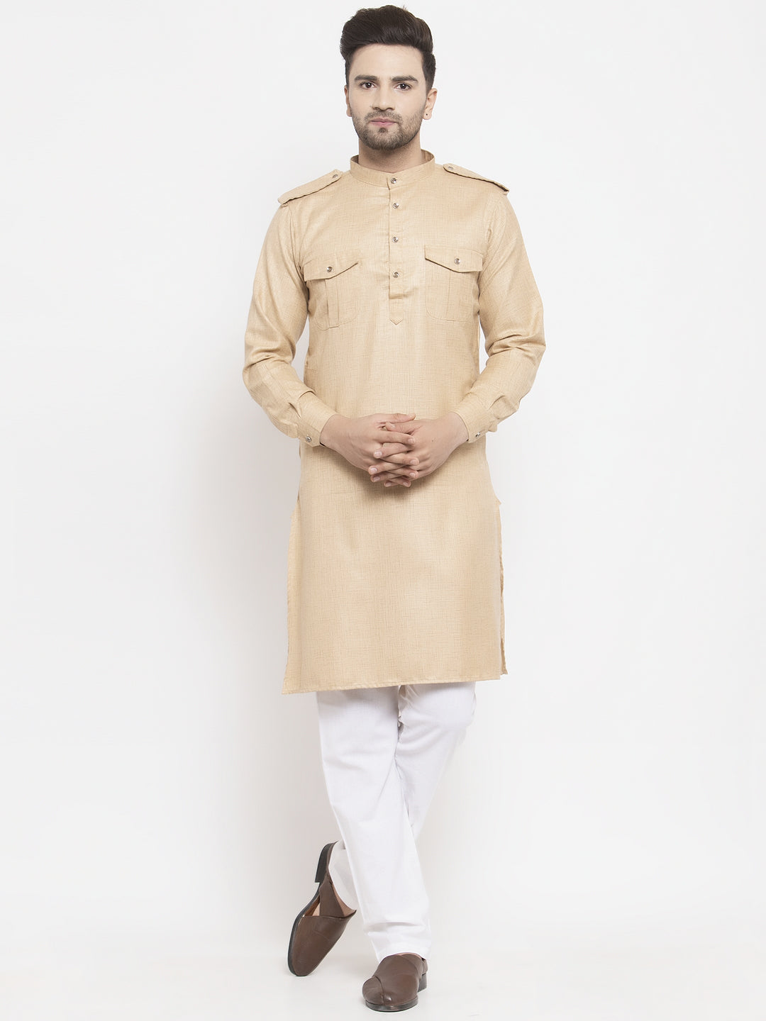 Klotthe Beige Mandarin Collar Solid Cotton Kurta