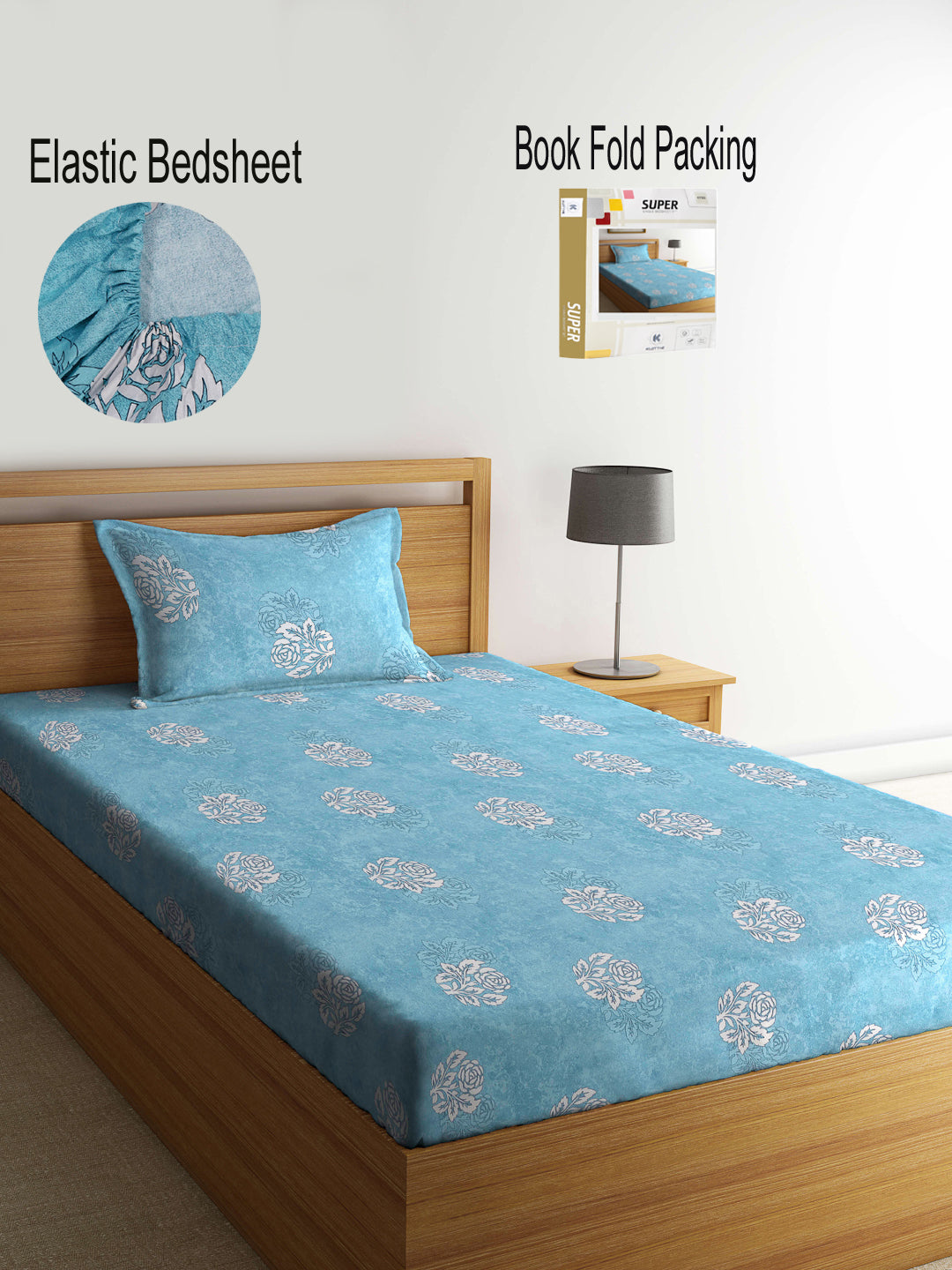 Klotthe Turquoise Floral 400 TC Pure Cotton Fitted Single Bedsheet Set in Book Fold Packing