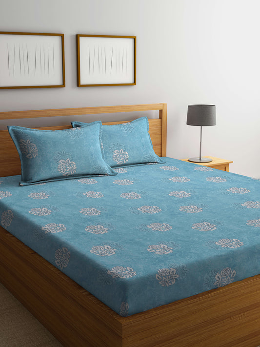 Klotthe Turquoise Floral 400 TC Pure Cotton Fitted Double Bedsheet with 2 Pillow Covers