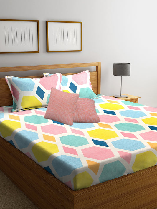 Klotthe Multicolor Geometric Cotton Blend Double Bed Sheet, 2 Pillow Covers & 2 Cushion Covers