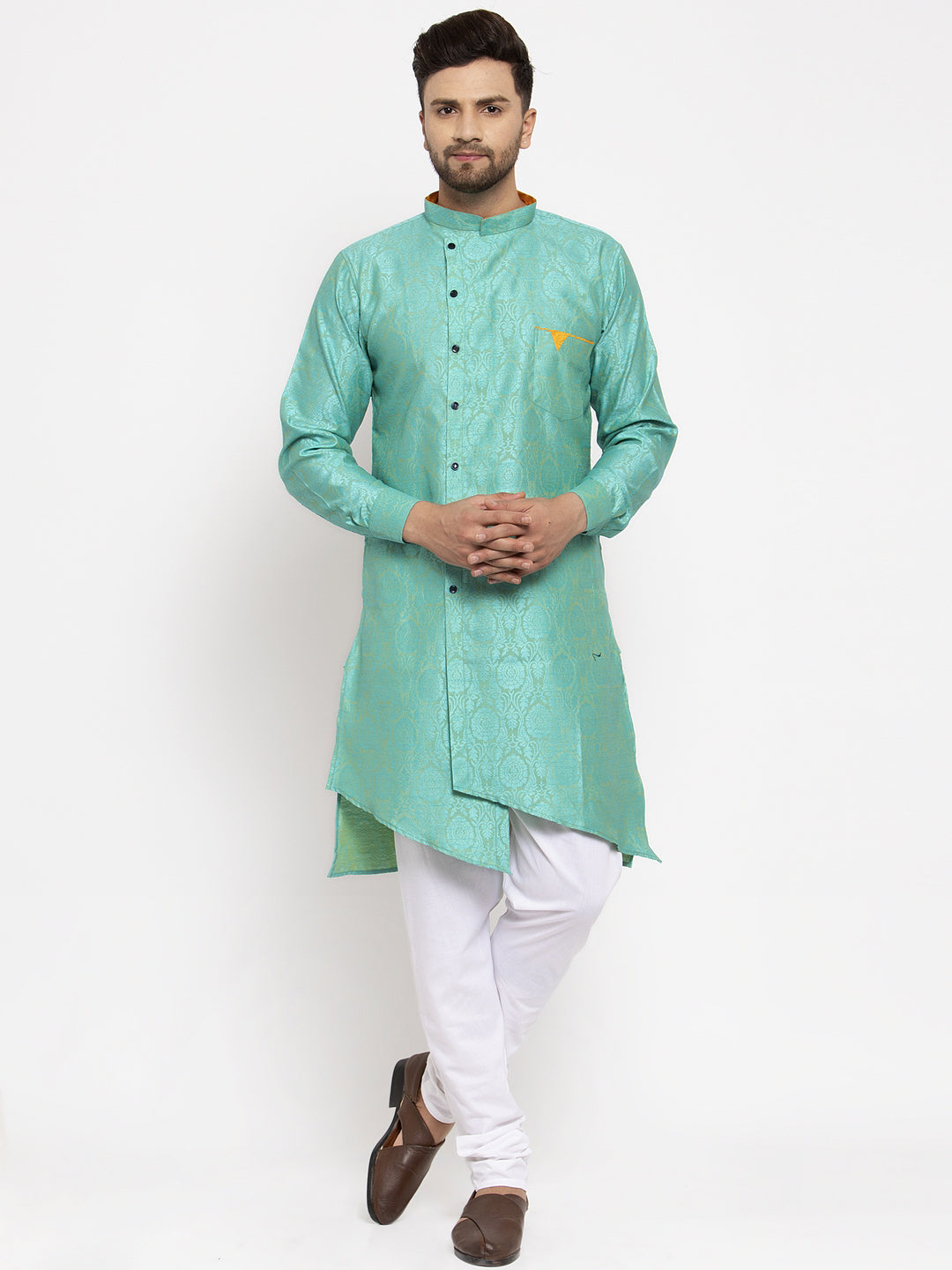 KLOTTHE Turquise Cotton Silk Woven Design Kurtas