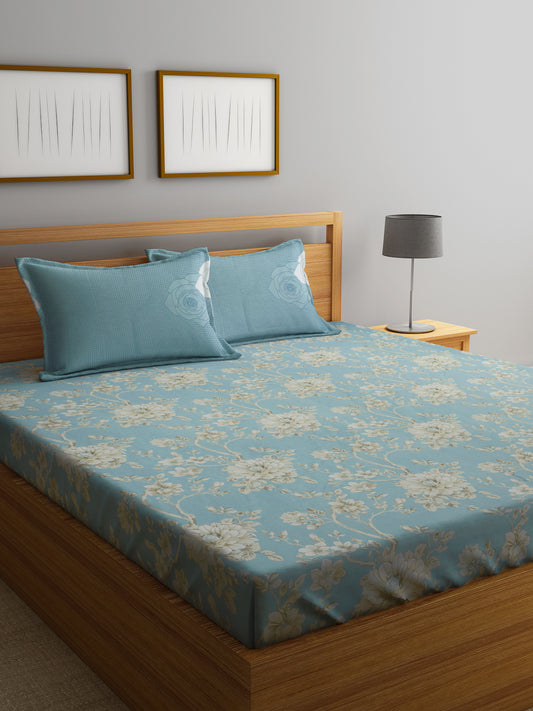 Klotthe Turquoise Floral 400 TC Pure Cotton Super King Double Bedsheet with 2 Pillow Covers (270X270 cm)