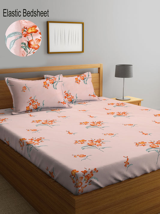 Klotthe Multi Floral 300 TC Cotton Blend Elasticated Double Bedsheet with 2 Pillow Covers