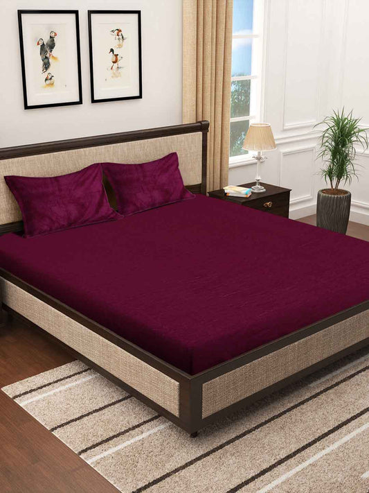 Klotthe Maroon Solid Woolen Double Bed Sheet with 2 Pillow Covers