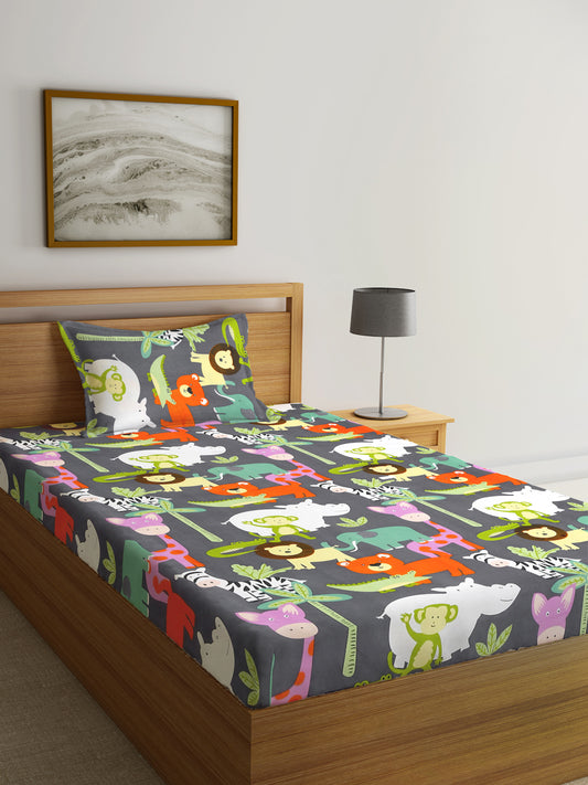 Klotthe Multicolor Cartoon Characters 300 TC Cotton Blend Single Bedsheet with Pillow Cover