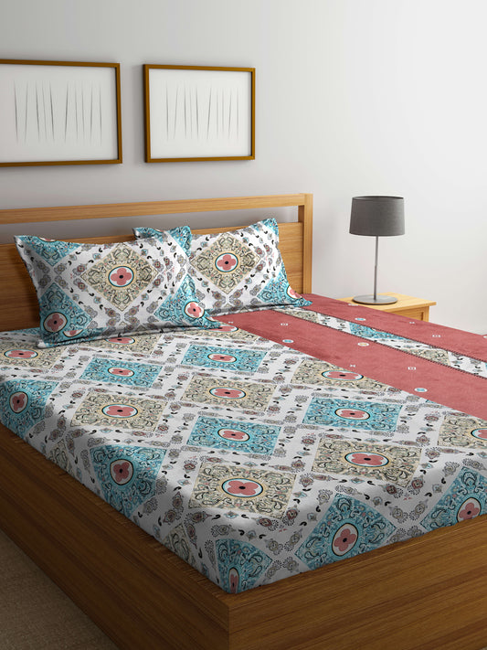 Klotthe Multi Floral 300 TC Cotton Blend Super King Double Bedsheet with 2 Pillow covers (270X270 cm)