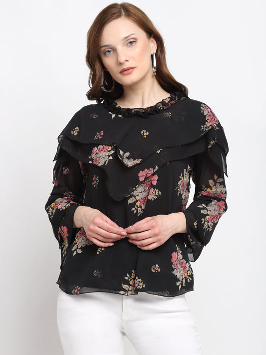 Klotthe Women Black Floral Georgette Top