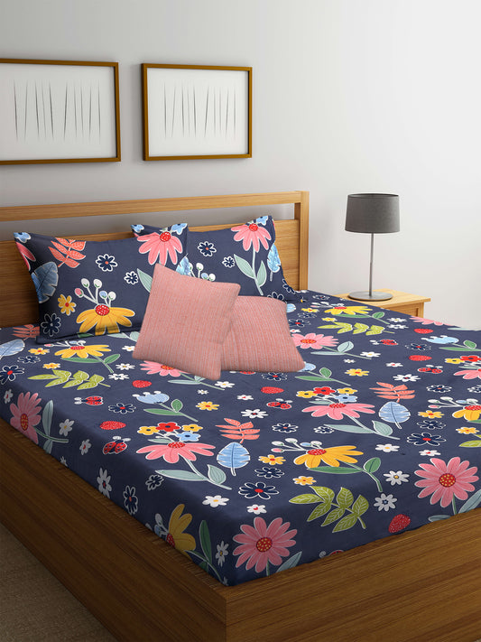 Klotthe Multicolor Floral Cotton Blend Double Bedsheet, 2 Pillow Covers & 2 Cushion Covers