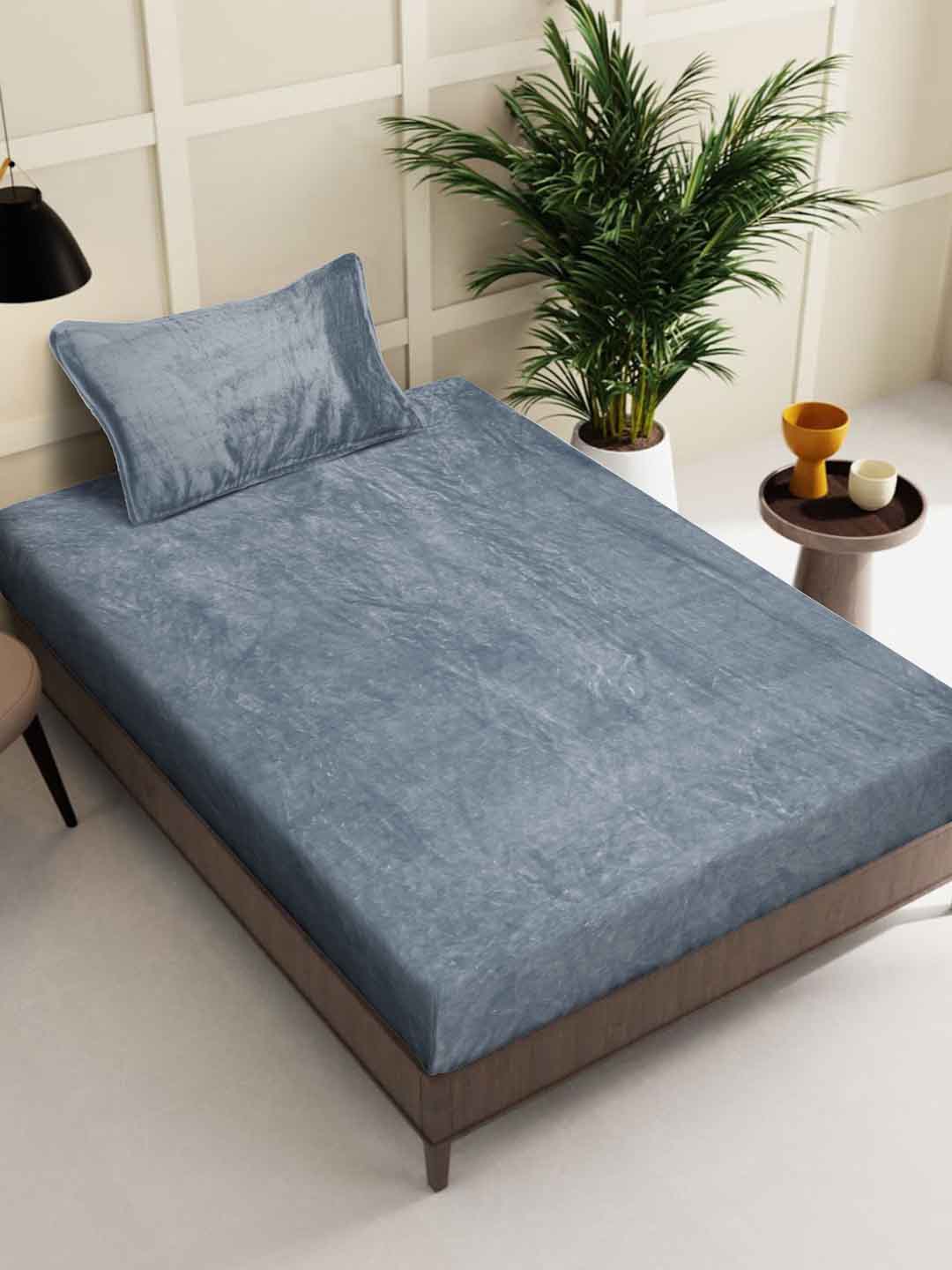 Klotthe Grey Solid Woolen Single Bed Sheet with Pillow Cover