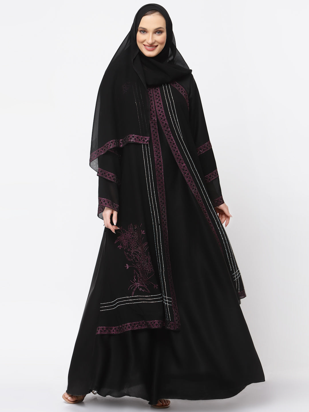 Klotthe Women Black Embellished Burqa With Scarves