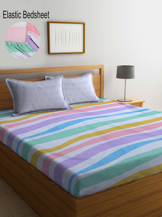 Klotthe Multicolor Striped 300 TC Cotton Blend Fitted Double Bedsheet with 2 Pillow Covers