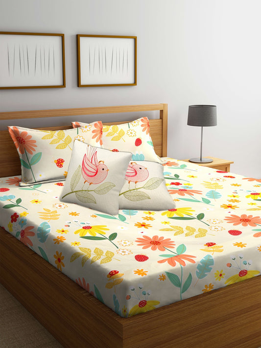 Klotthe Multicolor Floral Cotton Blend Double Bedsheet, 2 Pillow Covers & 2 Cushion Covers