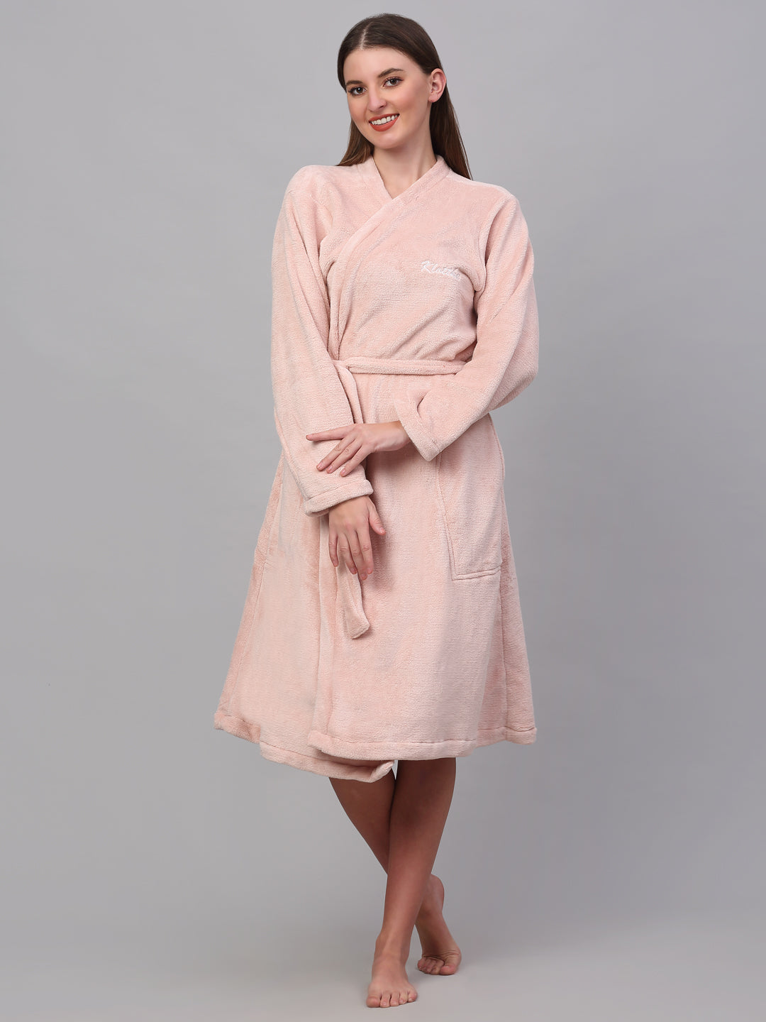 Klotthe Women Pink Solid Bath Robe With Belt