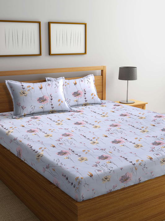 Klotthe Multi Floral 300 TC Cotton Blend Super King Double Bedsheet with 2 Pillow covers (270X270 cm)