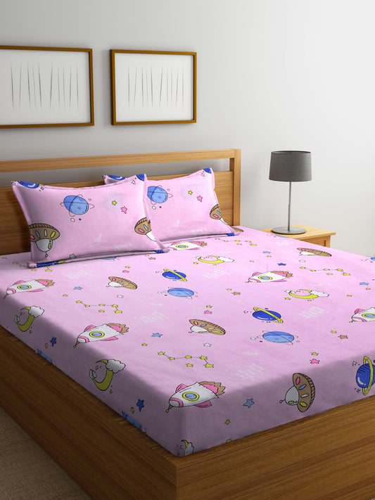 Klotthe Multicolor Cartoon Characters 300 TC Cotton Blend Double Bedsheet with 2 Pillow Covers