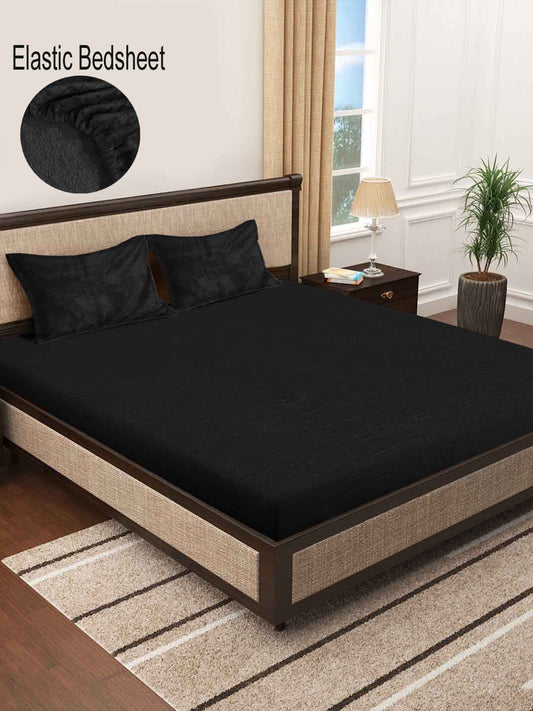 Klotthe Black Solid Woolen Fitted Double Bed Sheet with 2 Pillow Covers