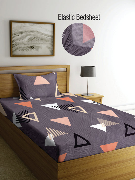 Klotthe Grey Geometric 300 TC Cotton Blend Elasticated Single Bedsheet with Pillow Cover