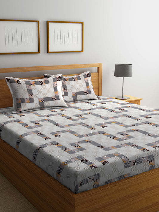 Klotthe Multicolor Geometric 300 TC Cotton Blend Fitted Double Bedsheet with 2 Pillow Covers