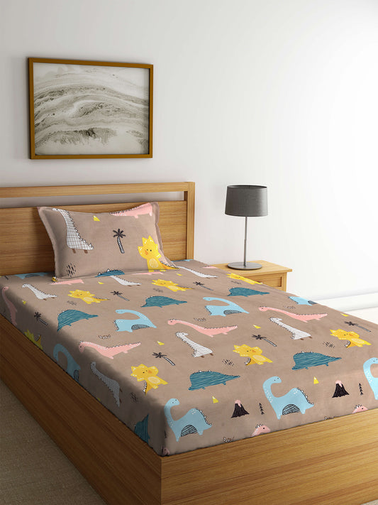 Klotthe Brown Cartoon Characters 210 TC PolyCotton Single Bedsheet with Pillow Cover