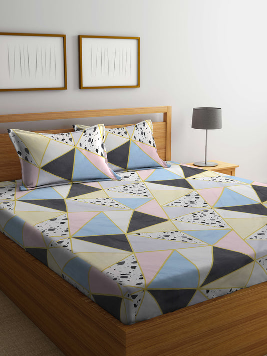 Klotthe Multicolor Geometric 300 TC Cotton Blend Fitted Double Bedsheet with 2 Pillow Covers