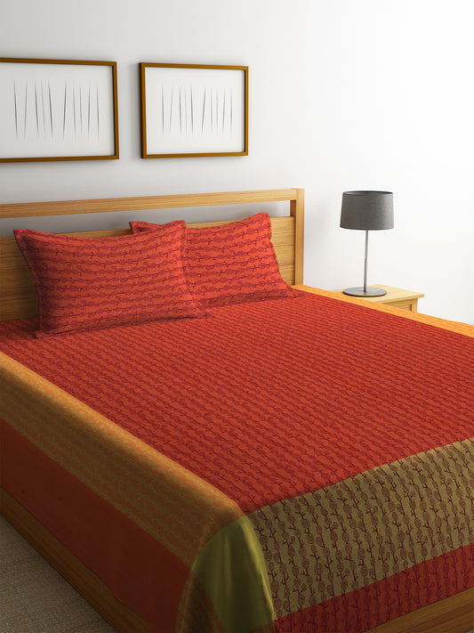 100% Cotton King Size Handwoven Bed Cover with Two Pillow Covers by KLOTTHE® (Red Striped)