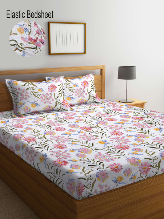 Klotthe Multi Floral 300 TC Cotton Blend Elasticated Super King Double Bedsheet with 2 Pillow covers (270X270 cm)