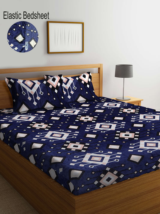 Klotthe Blue Geometric Woolen Fitted Double Bed Sheet with 2 Pillow Covers