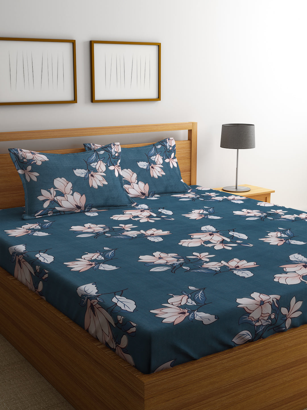 Klotthe Blue Floral 300 TC Cotton Blend Double Bedsheet Set in Book Fold Packing