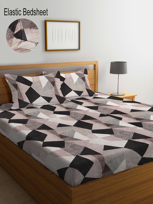 Klotthe Multi Abstract 300 TC Cotton Blend Elasticated Super King Double Bedsheet with 2 Pillow Covers (270X270 cm)