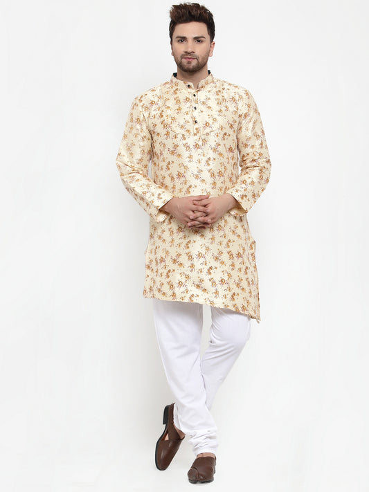 Beige Silk Floral Party Kurtas