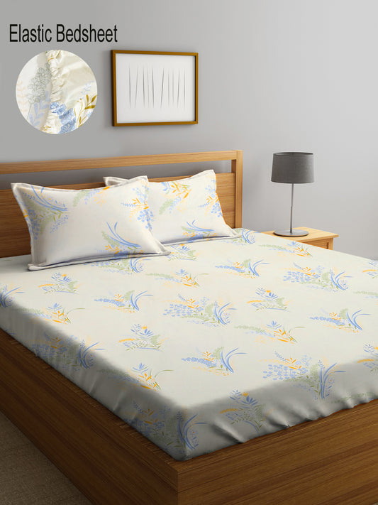 Klotthe Multi Floral 300 TC Cotton Blend Elasticated Double Bedsheet with 2 Pillow Covers