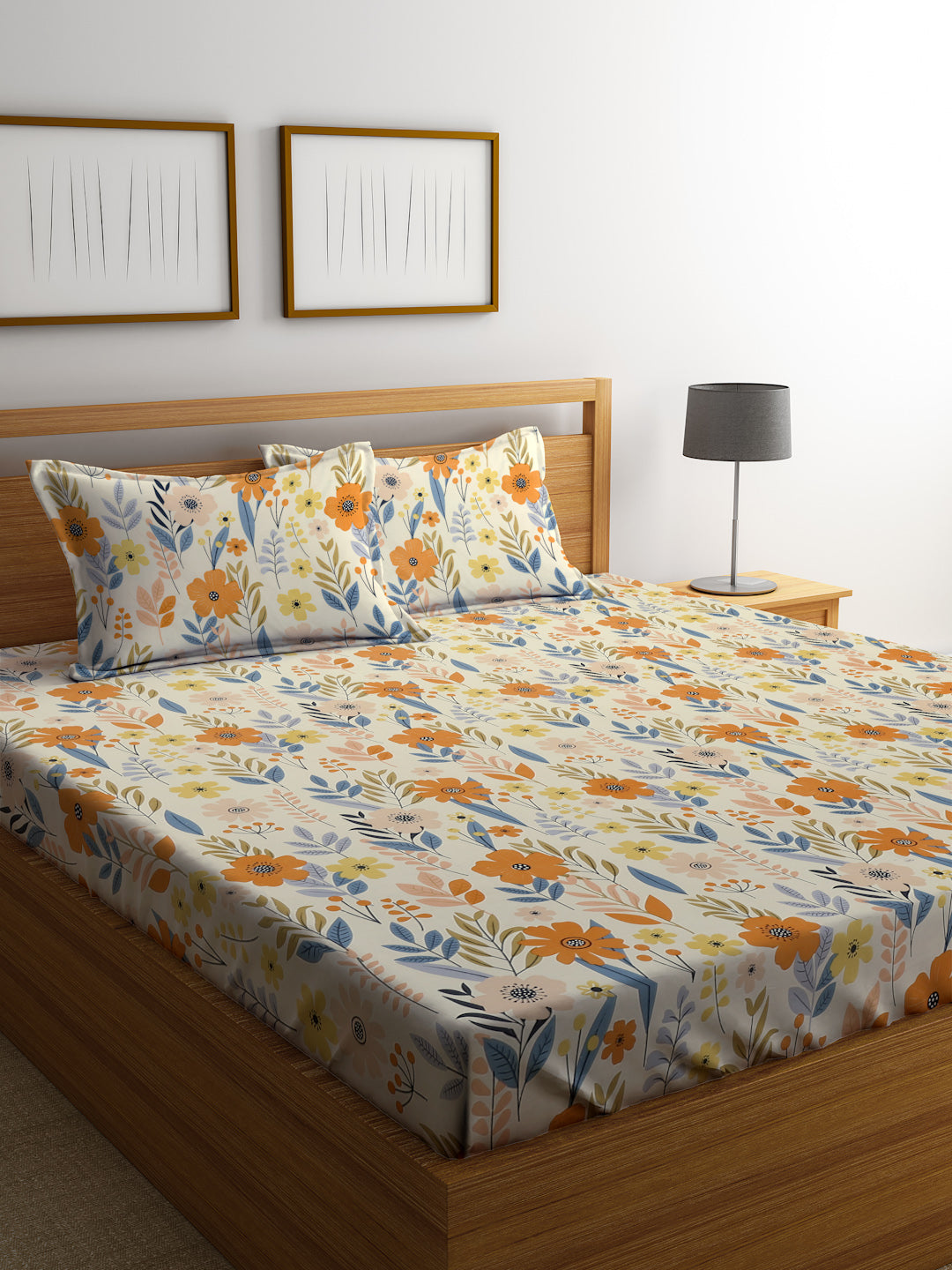 Klotthe Multi Floral 300 TC Cotton Blend Super King Double Bedsheet with 2 Pillow covers (270X270 cm)