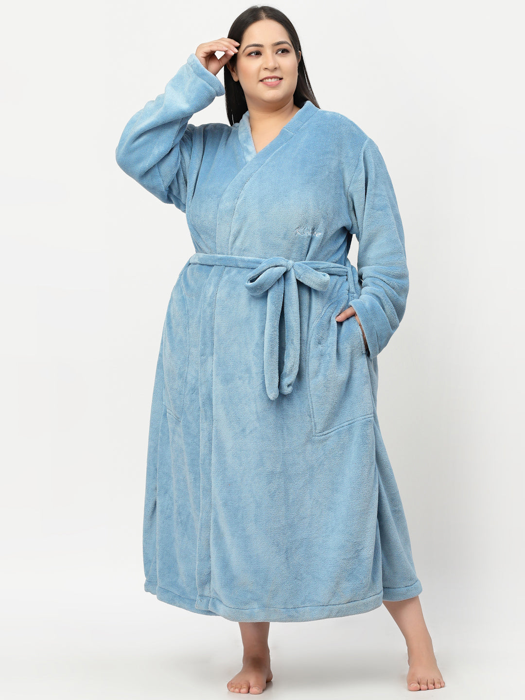 Klotthe Women Blue Solid Bath Robe With Belt