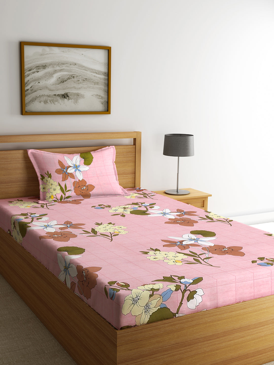 Klotthe Pink Floral 300 TC Cotton Blend Single Bedsheet with Pillow Cover