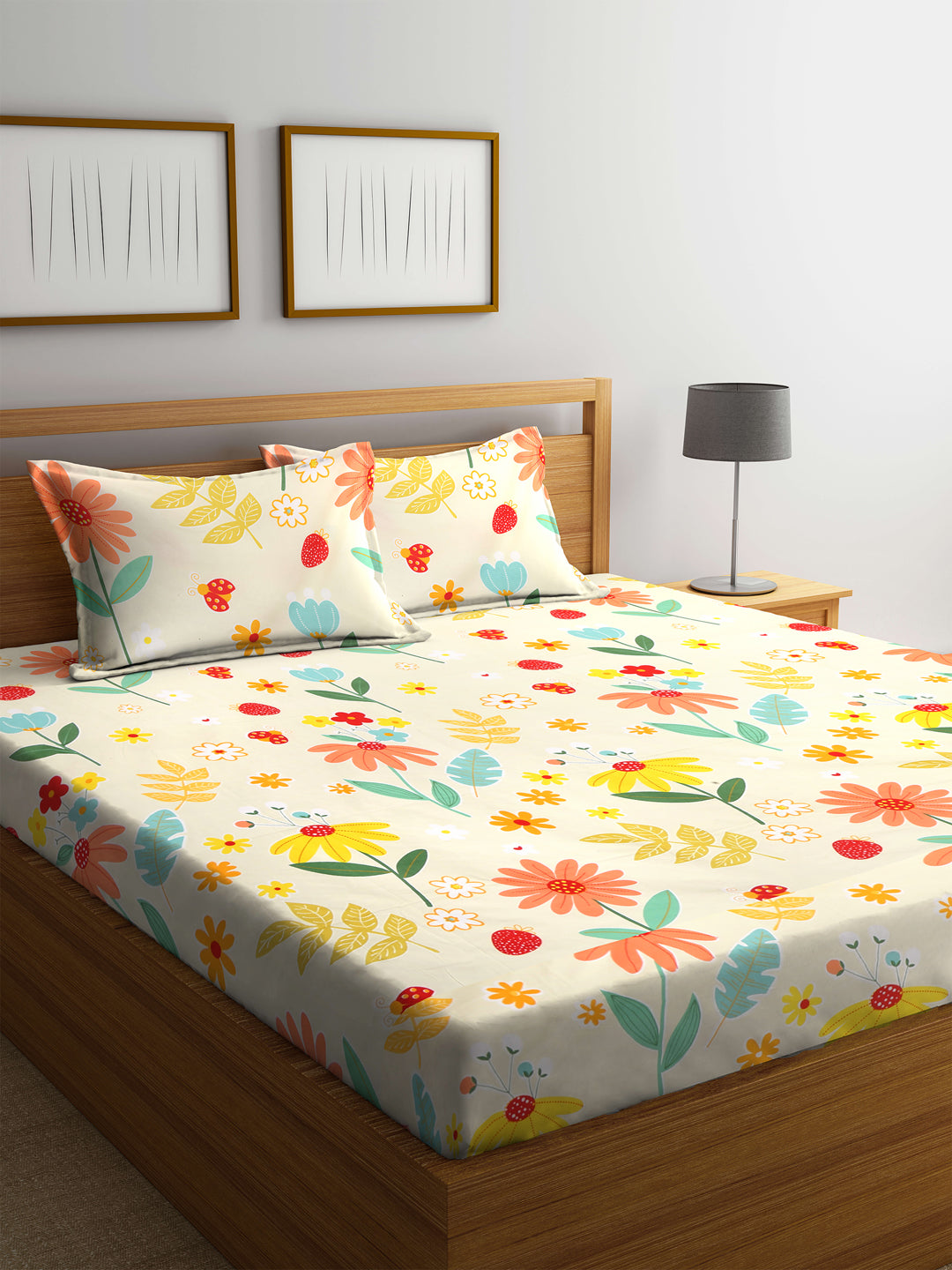 Klotthe Multi Floral 300 TC Cotton Blend Double Bed Sheet with 2 Pillow Covers in Book Fold Packing