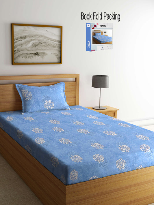 Klotthe Blue Floral 400 TC Pure Cotton Single Bedsheet Set in Book Fold Packing